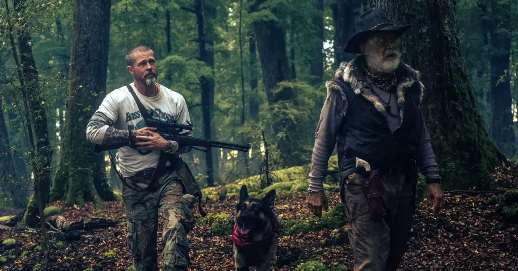 Brad Pitt e J.K. Simmons em cena de Coração Selvagem com cão de guerra