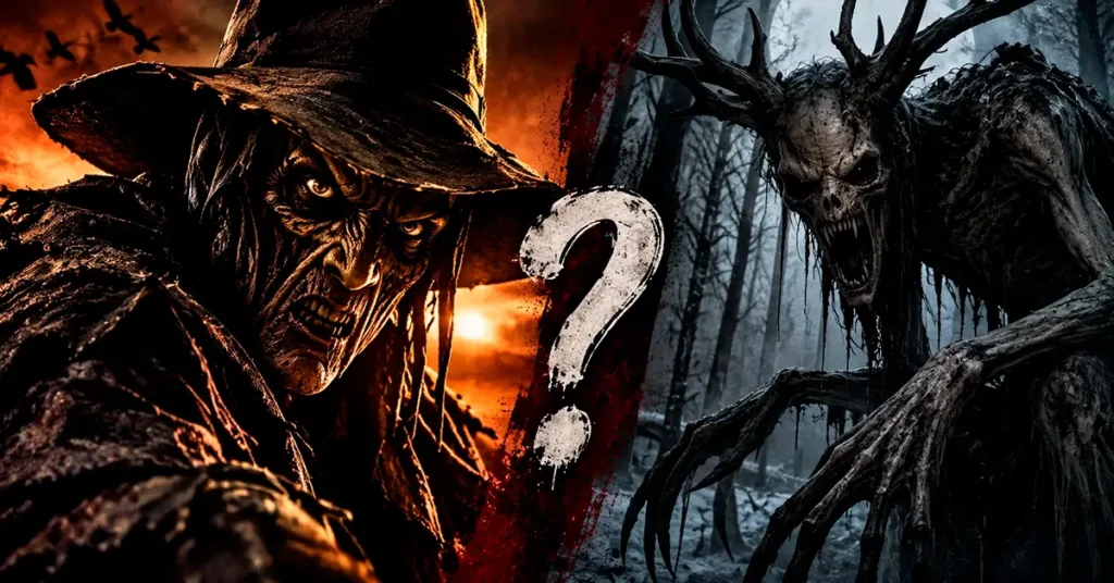 Creeper de Olhos Famintos ao lado de uma representação do Wendigo em uma floresta sombria