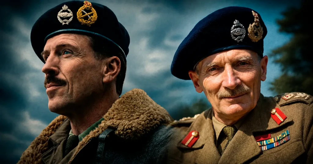 Damian Lewis como Bernard Montgomery ao lado do marechal Bernard Montgomery em imagem histórica colorida