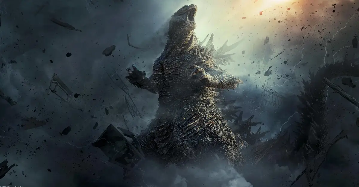 Godzilla em cena de ação de Godzilla Minus Zero, cercado por destroços, fumaça e tempestades durante um ataque devastador