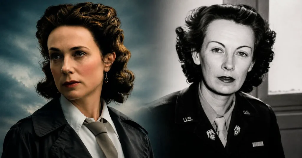 Kerry Condon como Kay Summersby ao lado da imagem histórica da personagem em Pressão