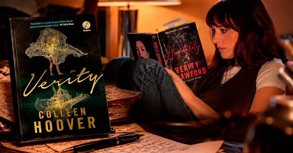 Livro Verity de Colleen Hoover ao lado de cena da adaptação cinematográfica com Dakota Johnson