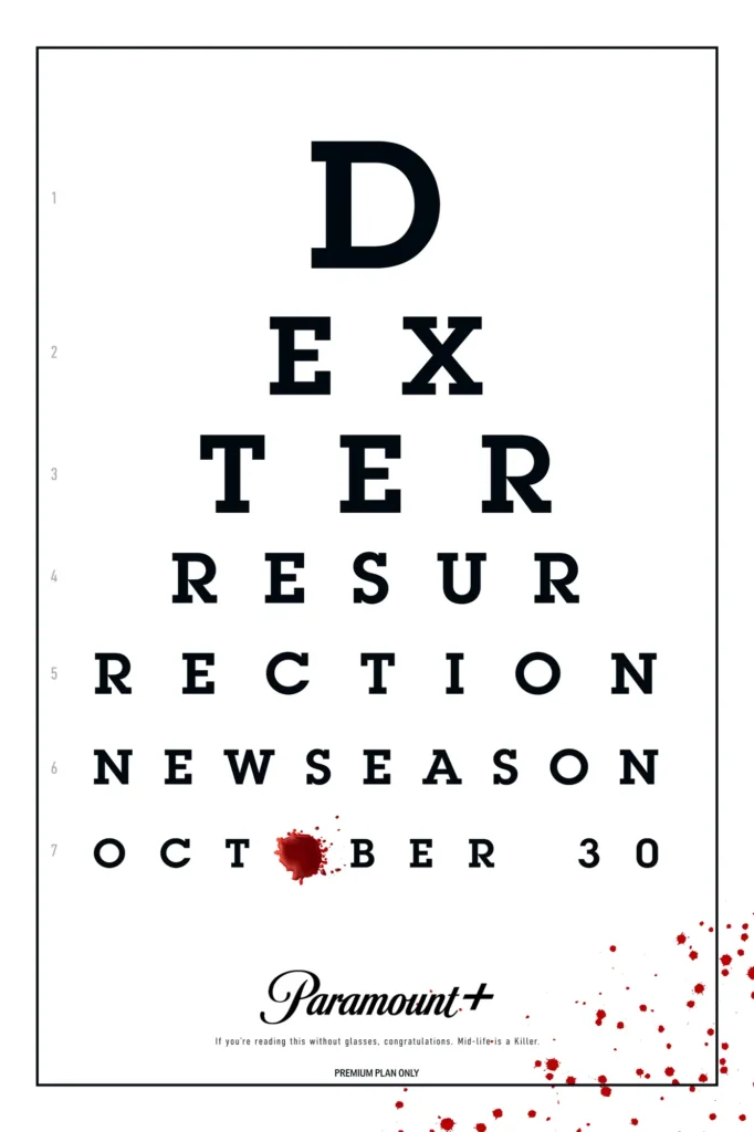 Pôster de Dexter: Ressurreição 2 com o título da série, a data de estreia em 30 de outubro e manchas de sangue