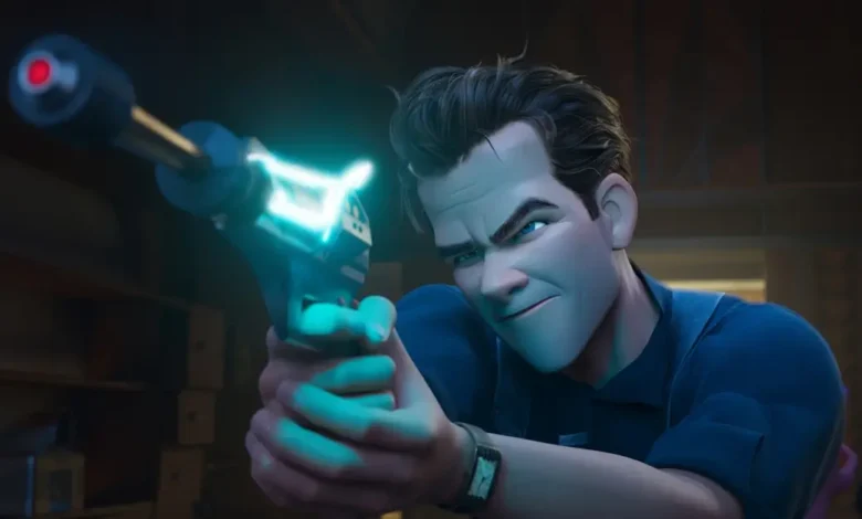 Ray Gunn, personagem dublado por Sam Rockwell, aponta uma arma em cena da animação da Netflix
