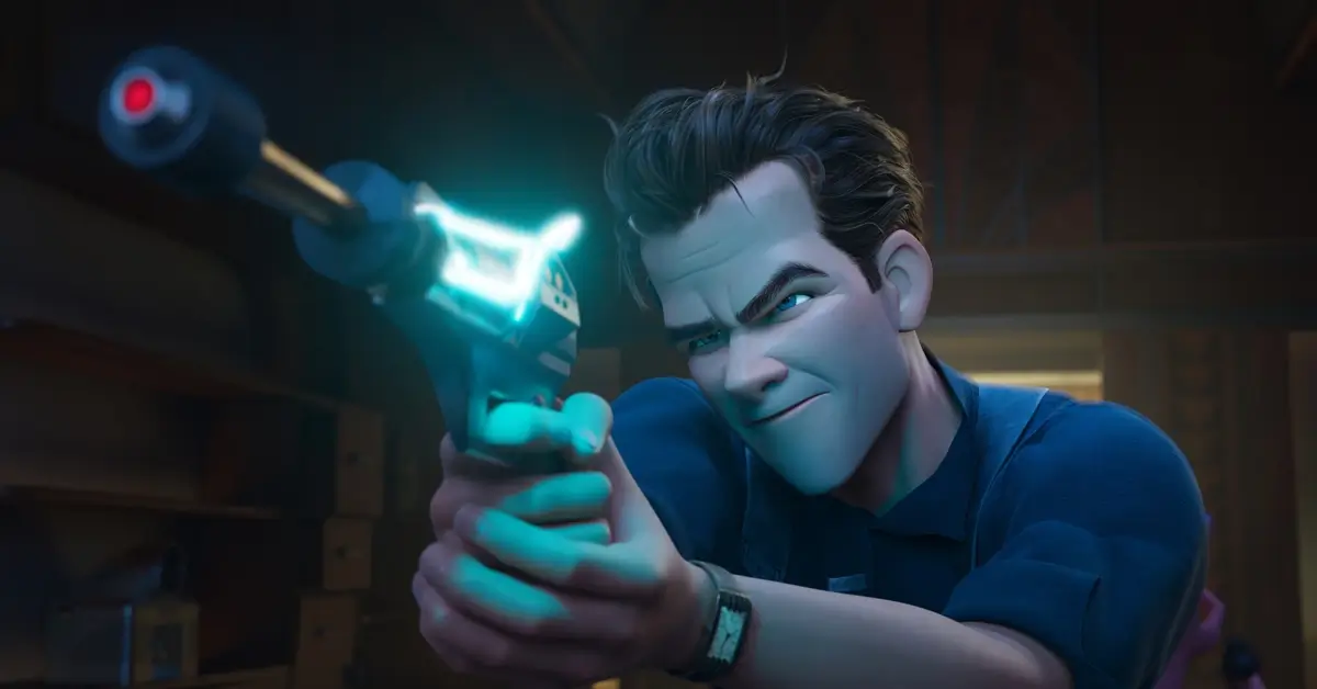 Ray Gunn, personagem dublado por Sam Rockwell, aponta uma arma em cena da animação da Netflix