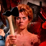 Séries e Filmes Sobre Lizzie Borden reunidos em arte com personagens segurando machados