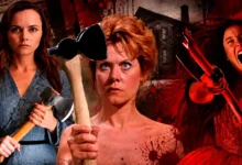 Séries e Filmes Sobre Lizzie Borden reunidos em arte com personagens segurando machados