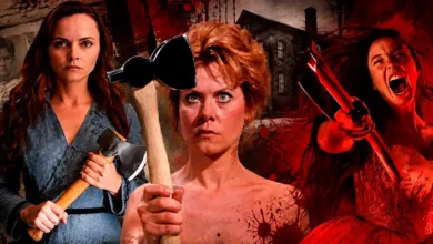 Séries e Filmes Sobre Lizzie Borden reunidos em arte com personagens segurando machados