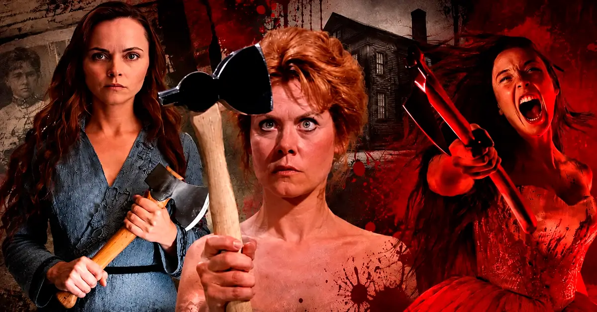 Séries e Filmes Sobre Lizzie Borden reunidos em arte com personagens segurando machados
