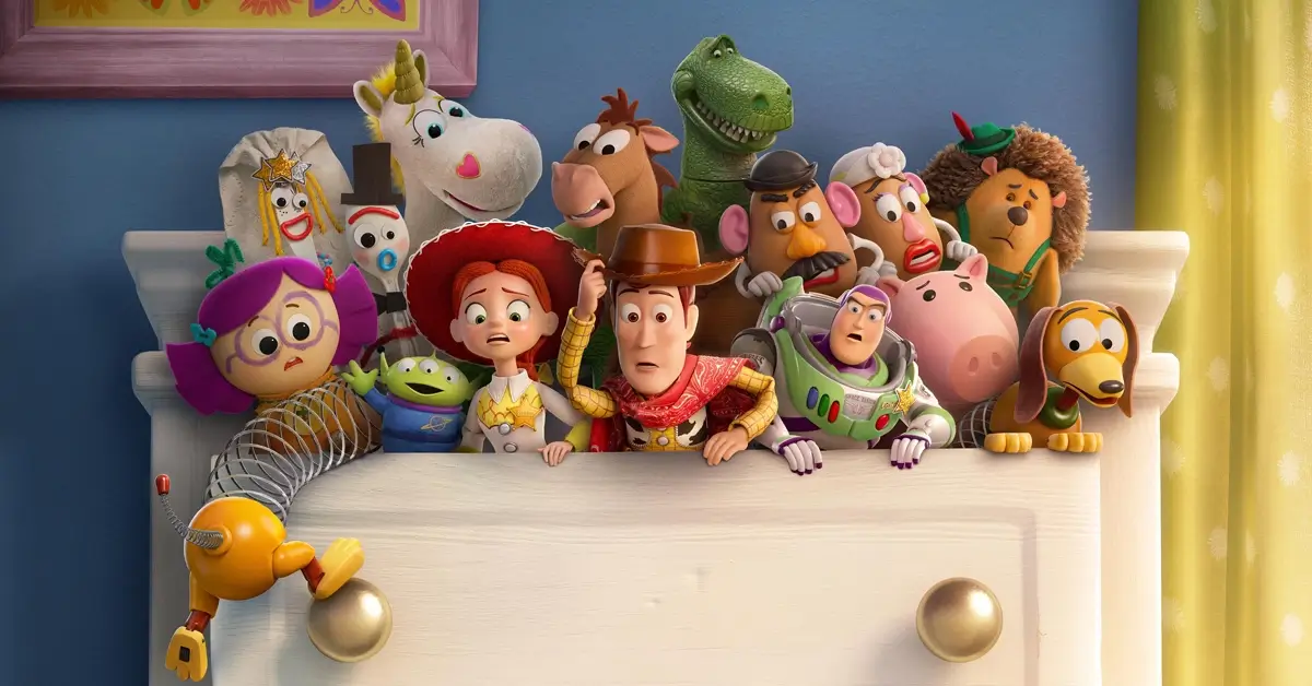 Personagens de Toy Story reunidos em cena do filme da Pixar, com Woody, Buzz Lightyear e Jessie em destaque