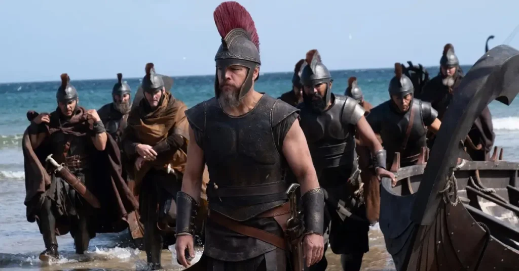 Matt Damon como Odisseu em A Odisseia (2026), filme de Christopher Nolan que desponta como aposta do Oscar 2027.