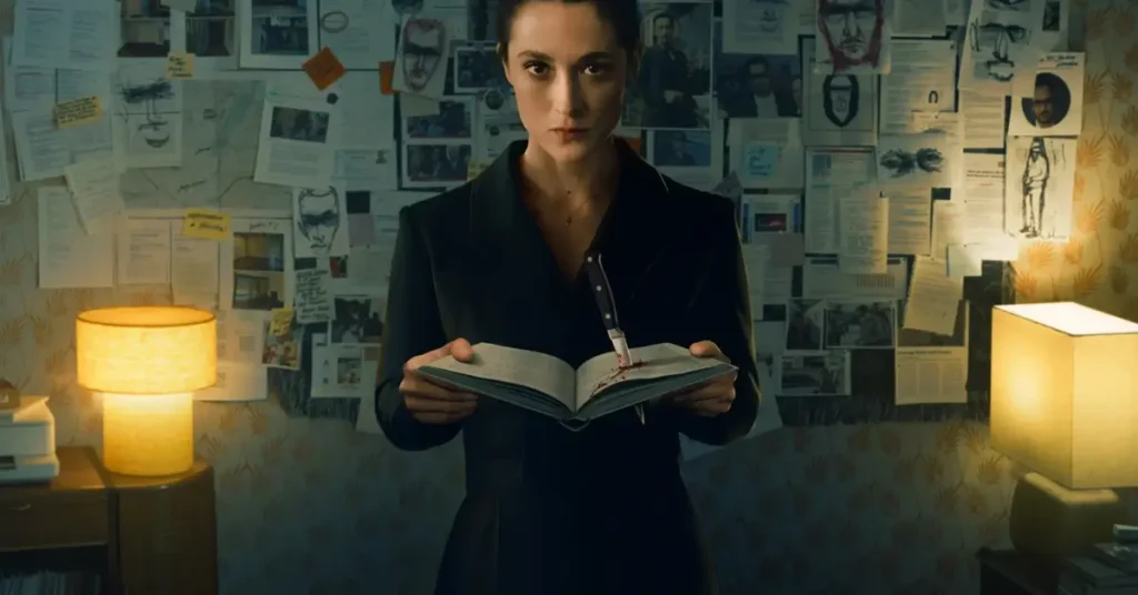 Lisa Konrad segura um livro com uma faca em cena da série de suspense Armadilha