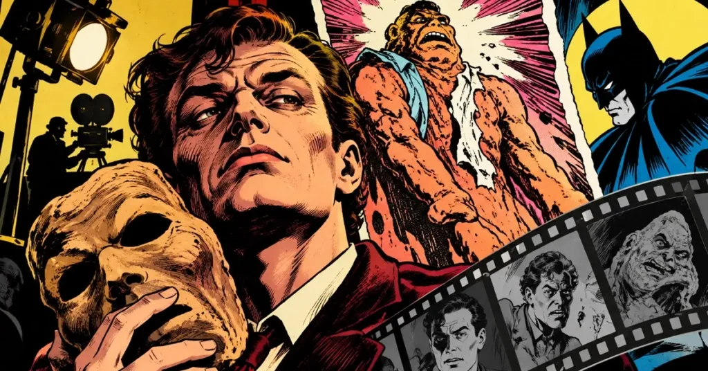 Ilustração de Basil Karlo com uma máscara de argila, referências ao cinema de terror e ao vilão Cara-de-Barro da DC Comics.