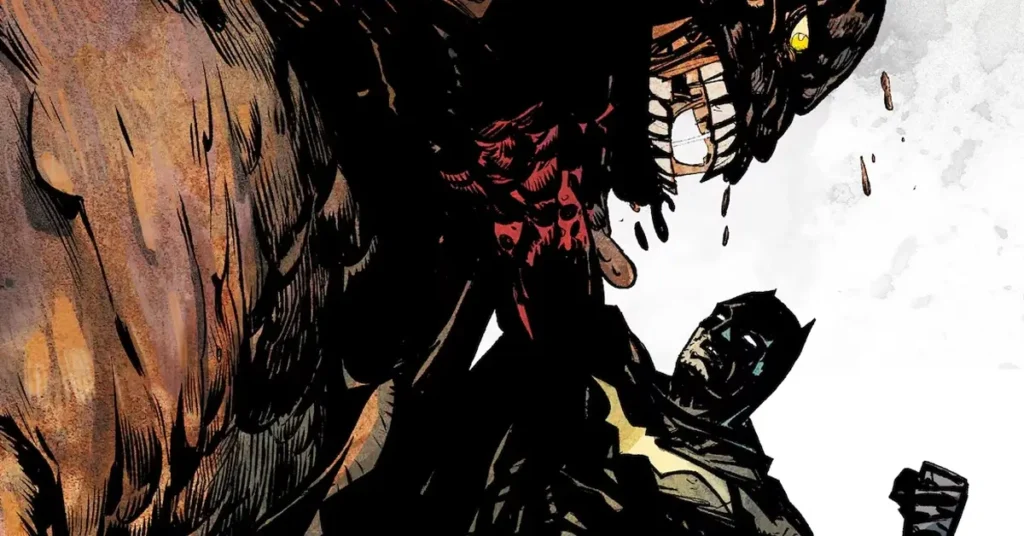 Cara-de-Barro enfrenta Batman em uma ilustração sombria dos quadrinhos da DC Comics.