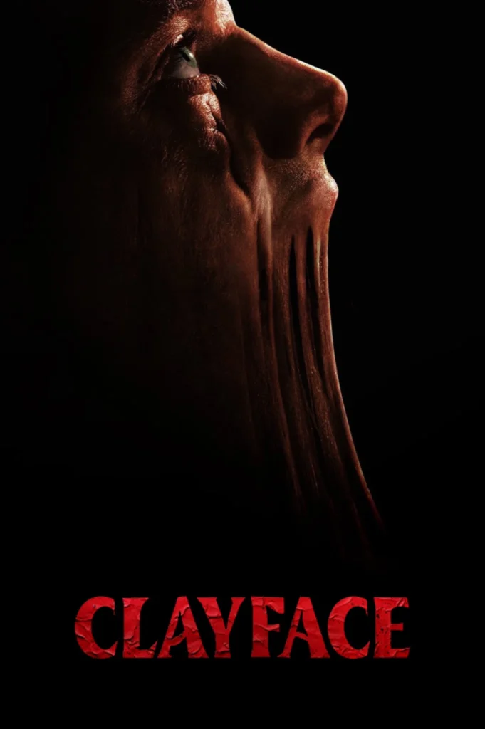 Clayface (2026) movie poster featuring a close-up of a distorted, clay-like face against a black background, with the title in red lettering.
