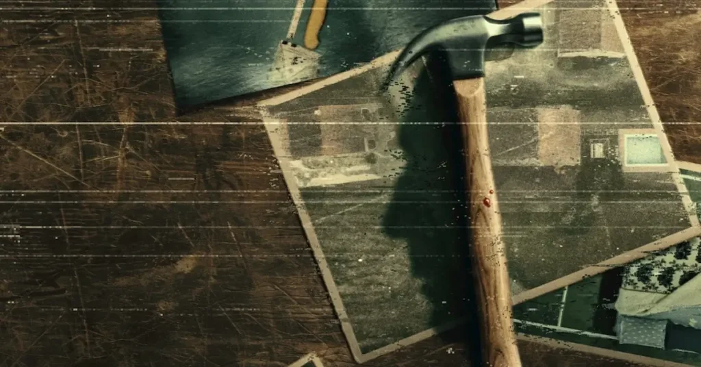 Imagem promocional de Desprotegida: O Crime de Pazos, com um martelo sobre fotografias e documentos relacionados à investigação de um crime.