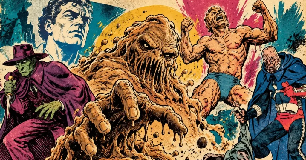Ilustração em estilo de quadrinhos com diferentes versões de Cara-de-Barro, representando a evolução do vilão da DC Comics e suas transformações.