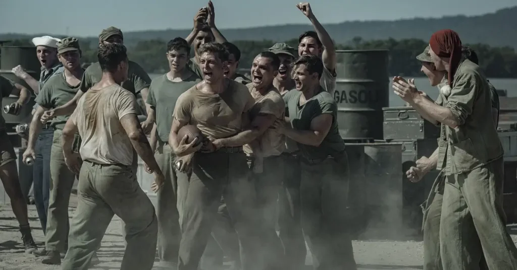  Elenco de The Mosquito Bowl (2026), filme de guerra da Netflix dirigido por Peter Berg, com atores caracterizados como soldados durante uma partida de futebol americano.