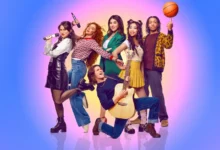 Hollywood Arts (2026) cast promotional image featuring six young performers posing with a microphone, an acoustic guitar, and a basketball against a colorful blue, pink, and yellow background.