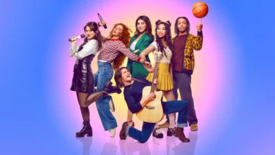 Hollywood Arts (2026) cast promotional image featuring six young performers posing with a microphone, an acoustic guitar, and a basketball against a colorful blue, pink, and yellow background.