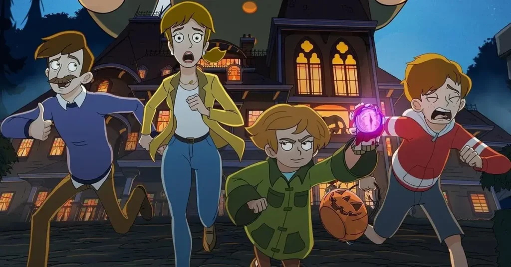 Personagens de Hotel Assombrado Temporada 2 diante de uma mansão assombrada