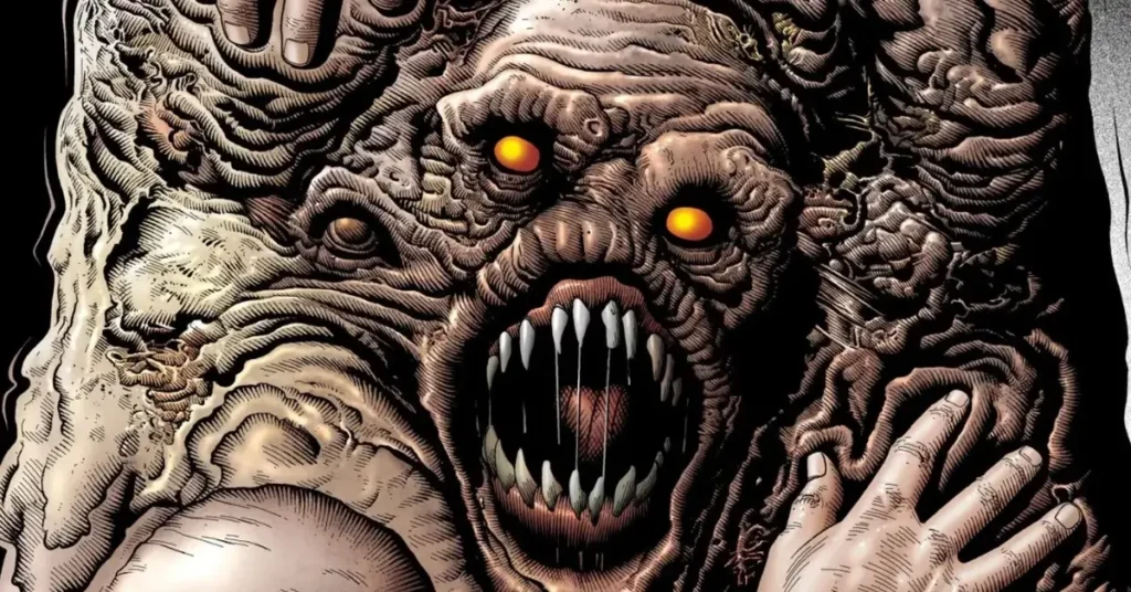 Cara-de-Barro em sua forma monstruosa, com olhos alaranjados e corpo de aparência disforme, ilustrando os poderes de metamorfose de Matt Hagen nos quadrinhos da DC Comics.
