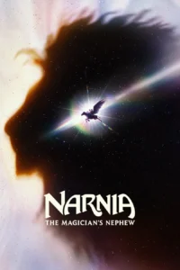 Official poster for Narnia: The Magician’s Nephew (2027 Official poster for Narnia: The Magician’s Nephew (2027), featuring Aslan’s silhouette against a star-filled cosmic background and two figures riding a winged horse toward a radiant light.