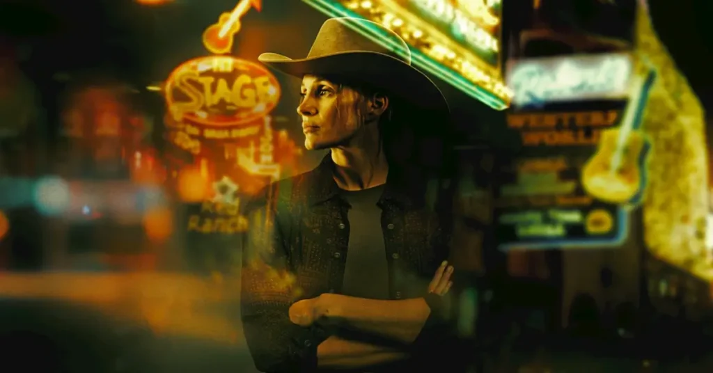 Jessica Chastain em No Coração de Nashville (2026), usando chapéu de cowboy em uma cena do filme