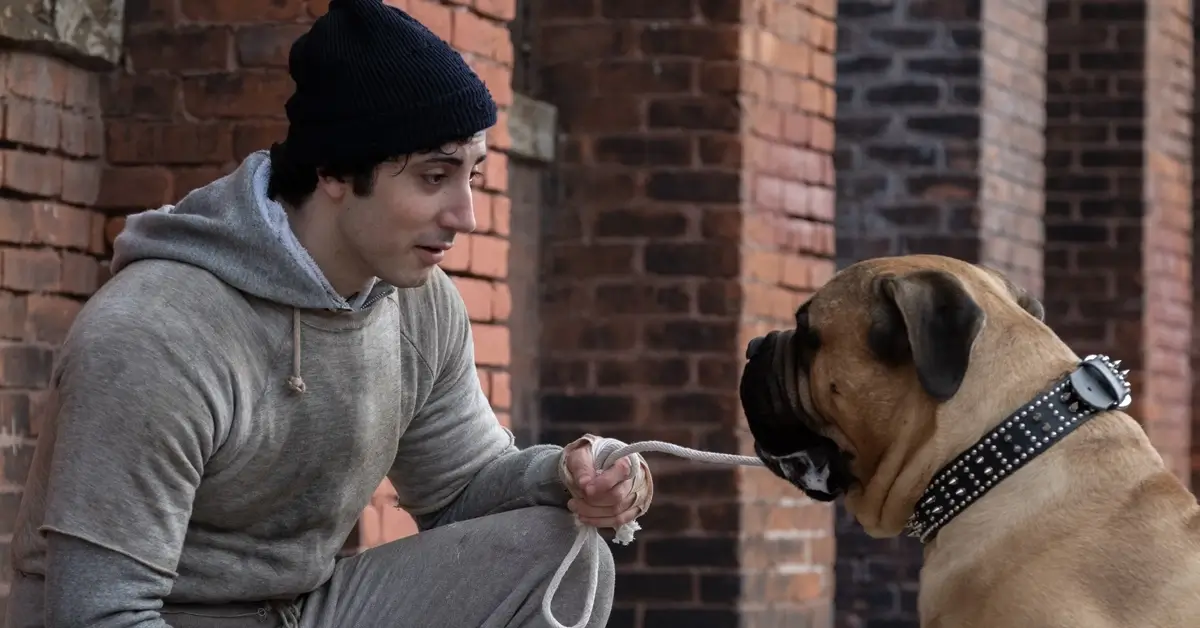 Anthony Ippolito como o jovem Sylvester Stallone ao lado do cachorro Butkus em cena do filme Eu Sou o Rocky (I Play Rocky, 2026).