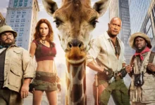 Jack Black, Karen Gillan, Dwayne Johnson e Kevin Hart ao lado de uma girafa em imagem promocional de Jumanji: Mundo Real (2026).