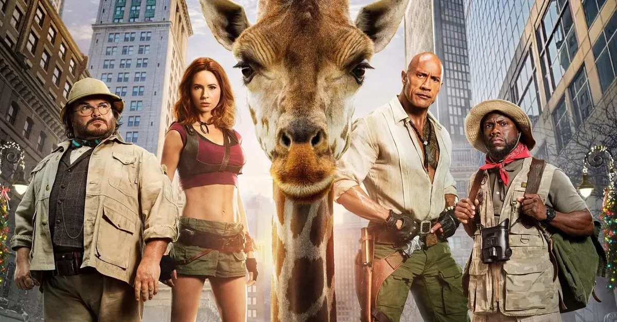 Jack Black, Karen Gillan, Dwayne Johnson e Kevin Hart ao lado de uma girafa em imagem promocional de Jumanji: Mundo Real (2026).
