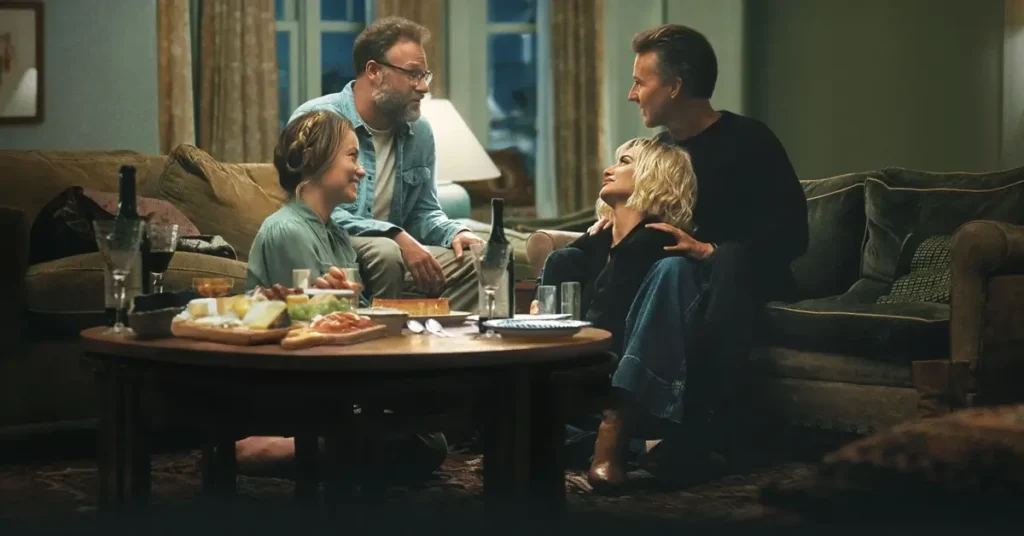 Elenco de O Convite (The Invite), com Seth Rogen, Olivia Wilde, Penélope Cruz e Edward Norton, em cena do filme cotado entre os possíveis candidatos ao Oscar 2027.