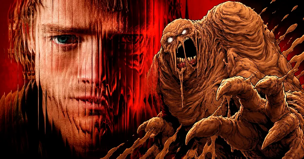 Cara-de-Barro em sua forma monstruosa ao lado do rosto humano em transformação, em arte promocional inspirada no filme de terror da DC Comics de 2026.