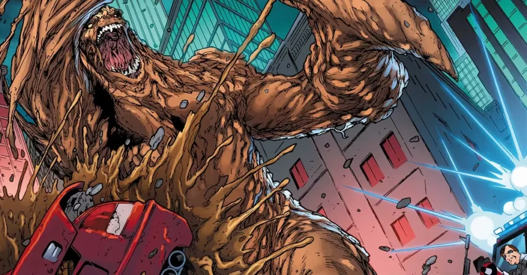Cara-de-Barro transforma o corpo em uma criatura gigante de argila durante uma batalha contra Batman nos quadrinhos da DC Comics.