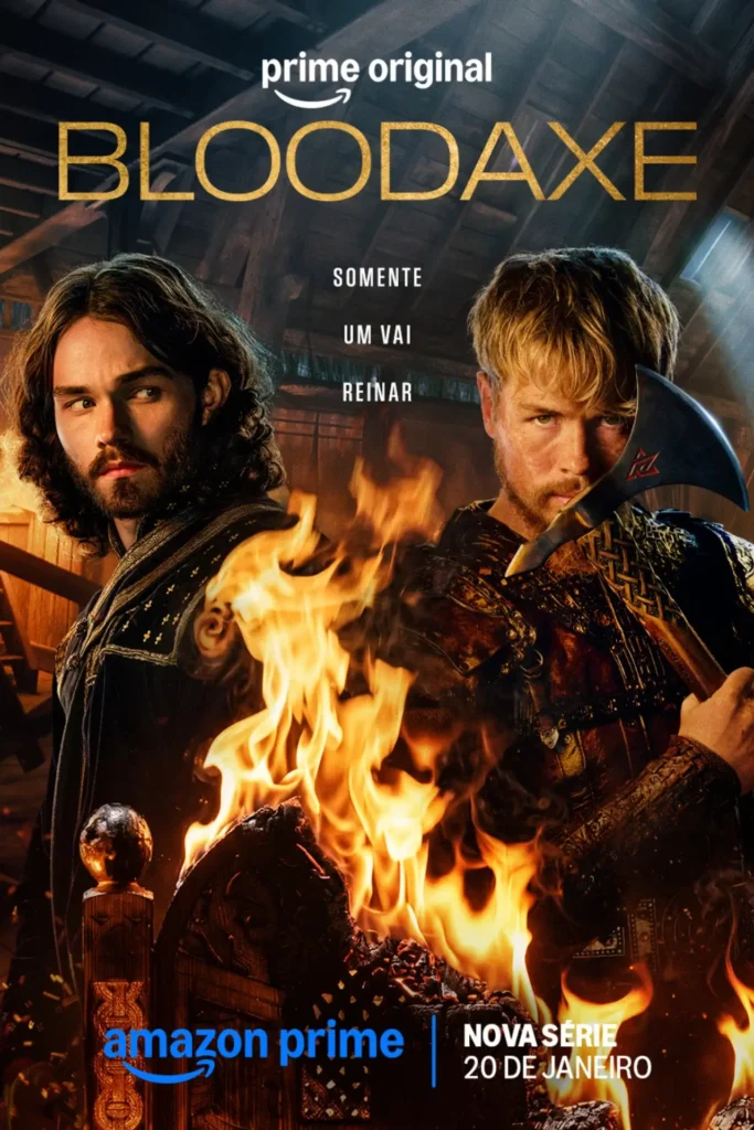 Pôster da série Bloodaxe (2027), do Prime Video, com Xavier Molyneux e outro guerreiro viking diante de chamas.