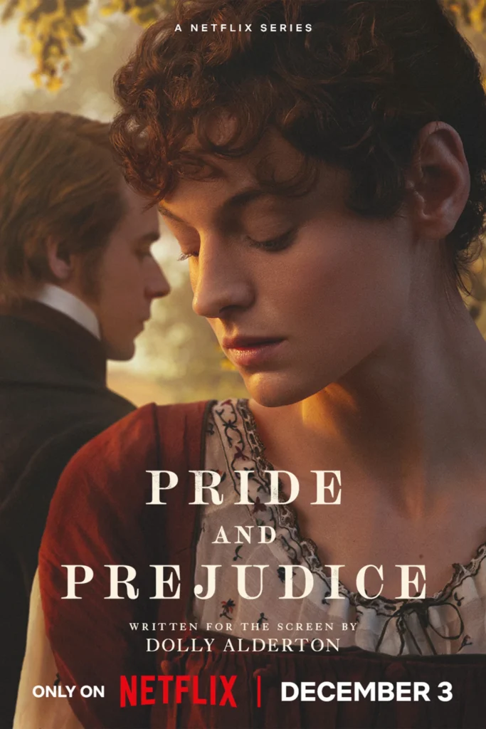 Pride and Prejudice (2026) Netflix series poster featuring two characters in Regency-era costumes, with warm golden lighting and the December 3 premiere date.