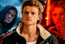 Tom Rhys Harries em três imagens que mostram o ator em retrato promocional e em cenas de Cara-de-Barro (2026), filme da DC Studios.