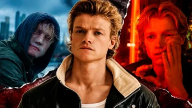 Tom Rhys Harries em três imagens que mostram o ator em retrato promocional e em cenas de Cara-de-Barro (2026), filme da DC Studios.