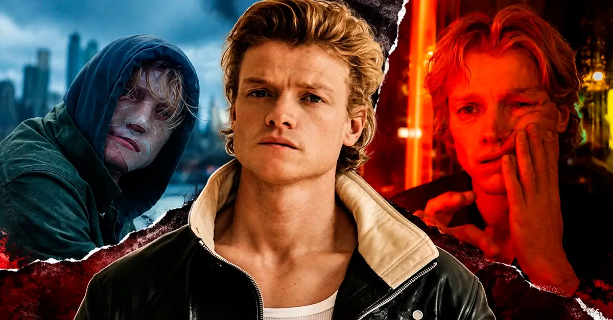 Tom Rhys Harries em três imagens que mostram o ator em retrato promocional e em cenas de Cara-de-Barro (2026), filme da DC Studios.