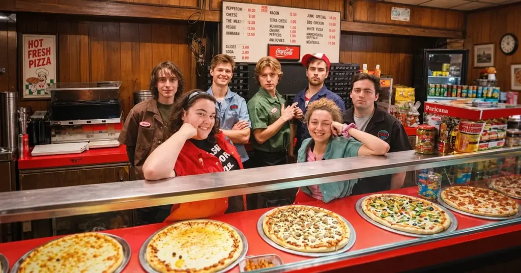 Elenco de Salário Mínimo reunido atrás do balcão de uma pizzaria com pizzas expostas