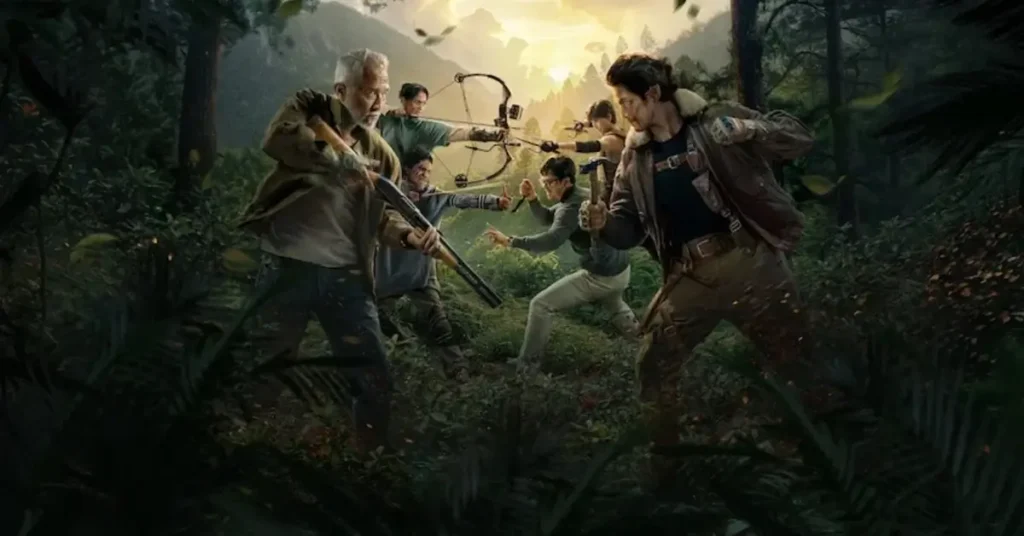 Personagens de Sem Desistir se enfrentam em uma luta na floresta, com arcos, flechas e armas, em imagem promocional do filme da Netflix.