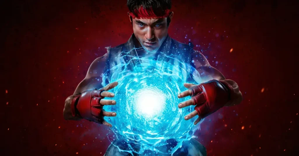 Andrew Koji como Ryu, cercado por uma energia azul brilhante, em cena promocional de Street Fighter (2026).